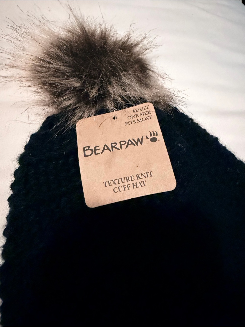BearPaw Black Knit Cuff Hat with Brown Faux-Fur Pom